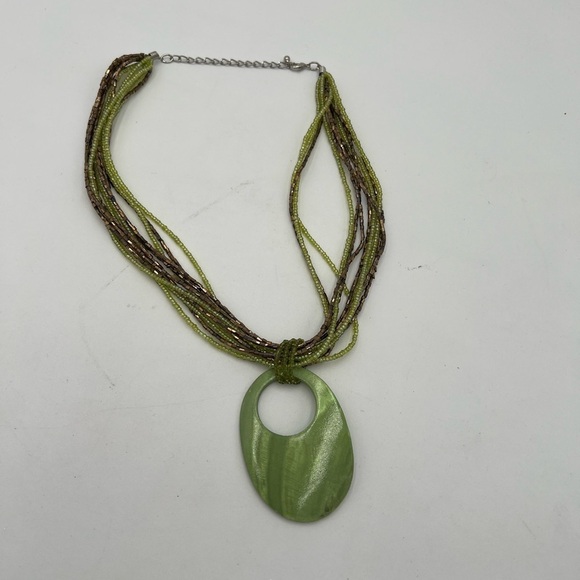 Olive Avocado Green Shell Pendant Multi-Strand Seed Bead Necklace - Boho Mermaid - Picture 4 of 4